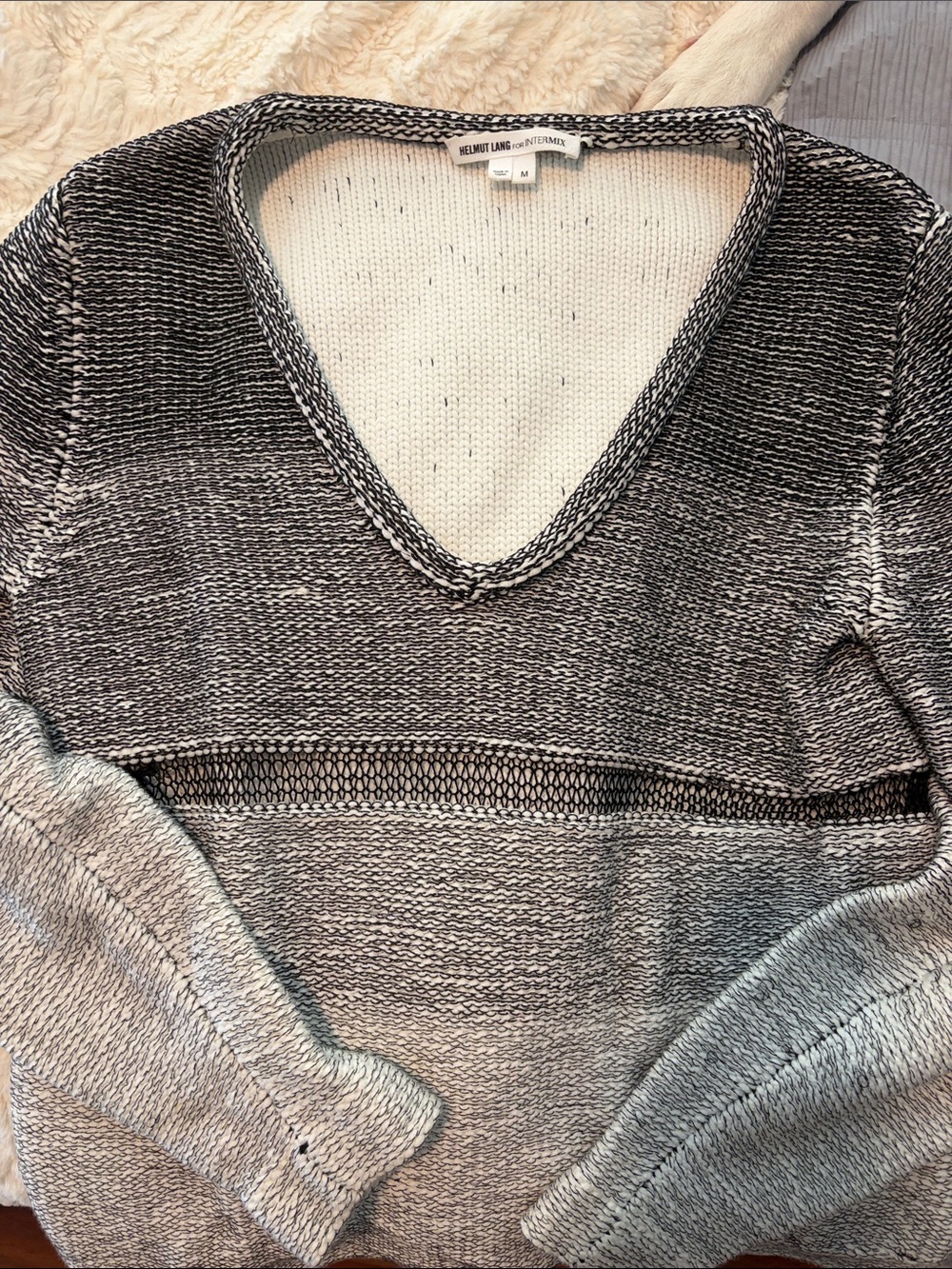 Helmut Lang Marled V-Neck Sweater in Black and White